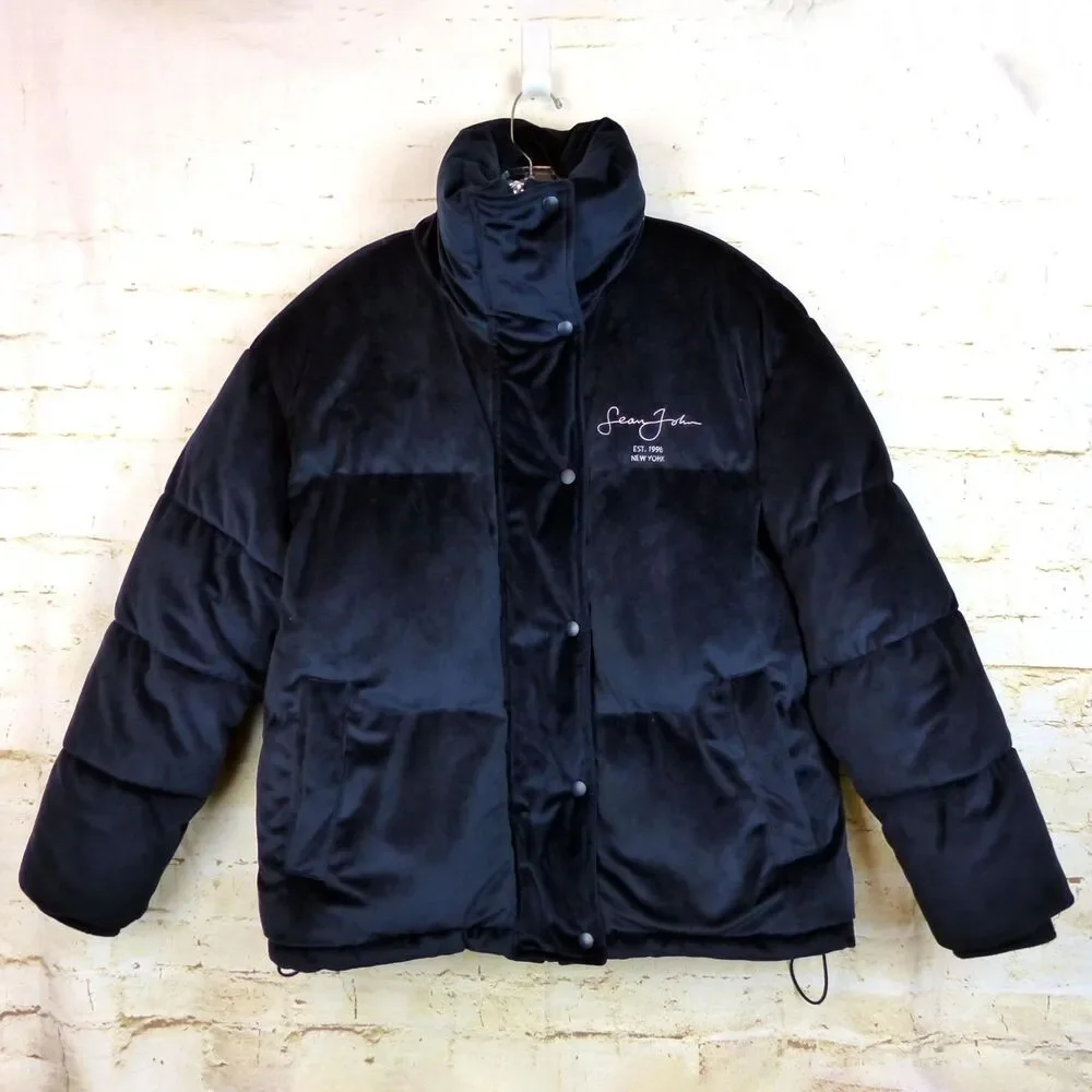 Sean John X Missguided Puffer Jacket Womens 2 US Navy Blue Velour Oversized Y2K - Picture 2 of 16